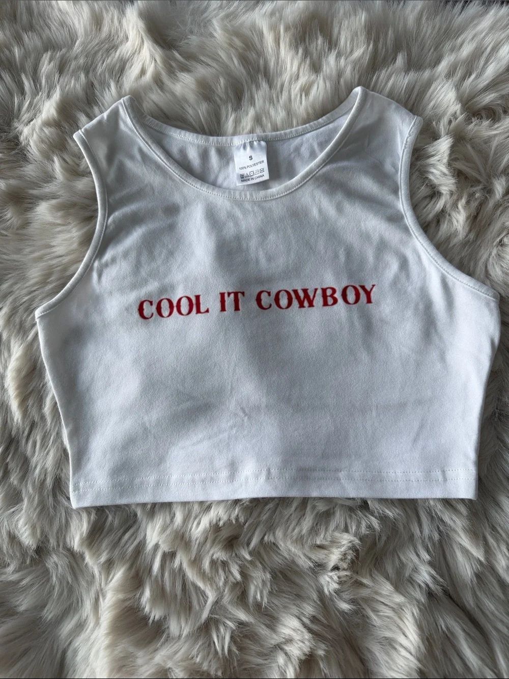 White Crop Tank with Red "COOL IT COWBOY" Text